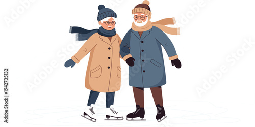Senior Couple Ice Skating Together in Winter Clothes Happy Elderly Man and Woman Outdoor Seasonal Activity Flat Vector Illustration