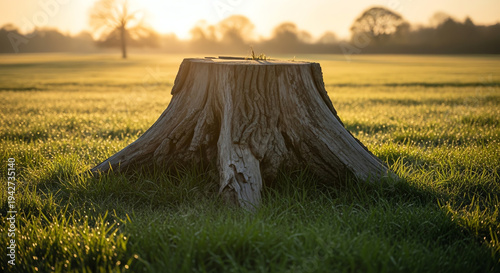 tree stump in green field at sunset
