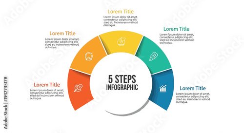 A versatile five steps circular infographic vector illustration graphic design template, featuring vibrant multicolored segments for presenting a sequential process, workflow, or business concept with