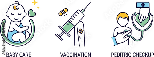 Pediatric Baby Care and Vaccination Icons Set for Children Healthcare