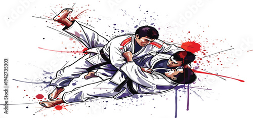 udo Fighters Grappling on Ground Dynamic Martial Arts Combat Scene with Paint Splash Effect Modern Vector Illustration for Sports Poster Design