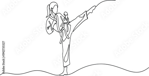 Female Karate Athlete Performing High Kick Continuous One Line Drawing Martial Arts Training Minimalist Outline Vector Illustration for Sports Design