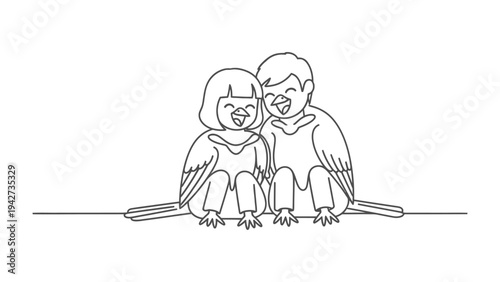 Loving Harmony Illustration: A heartwarming illustration depicts two bird-like figures in an embrace, their laughter echoing a sweet melody of affection and togetherness.