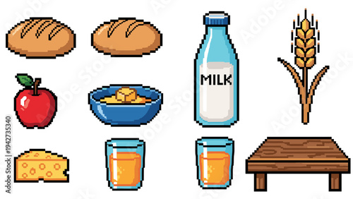 Retro 8-bit breakfast icons featuring bread, milk, fruit, and cheese