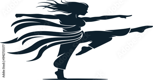 Female Martial Artist Silhouette Performing High Kick Action Pose with Flowing Hair and Traditional Combat Training Dynamic Vector Illustration
