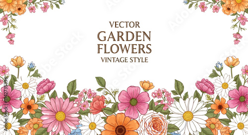 Beautiful vector graphic illustration featuring a charming vintage style border design composed of abundant colorful garden flowers and green foliage framing a central text area.