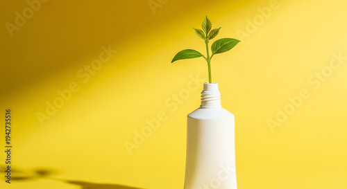 Sustainable living, green growth in white bottle on yellow