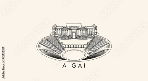 Ancient theatre and grand neoclassical facade, detailed line drawing on beige
