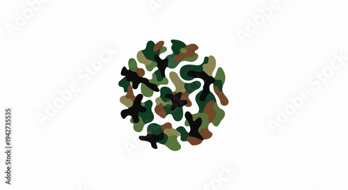 Abstract circular camouflage pattern in green, brown, and black