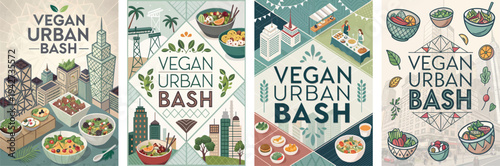 Vibrant vegan urban bash theme featuring colorful food illustrations.