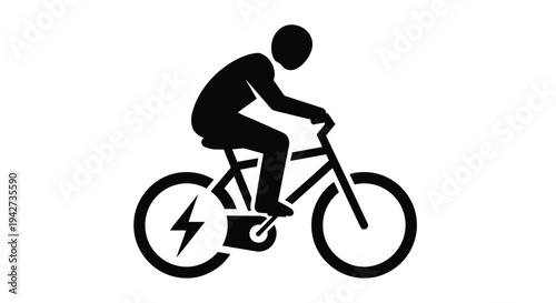 Modern graphic design depicting a silhouette figure actively cycling an electric bike for sustainable travel.