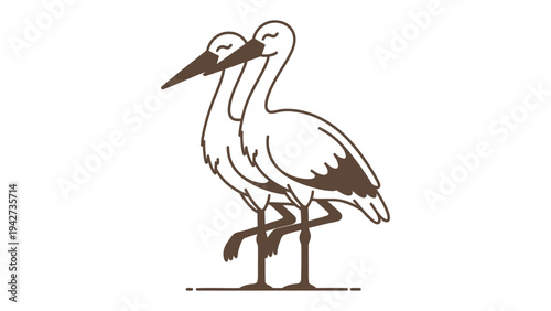 Storks in Serene Embrace: Two elegant storks stand side-by-side, their forms gracefully etched against a minimalistic backdrop, exuding peace and harmony.