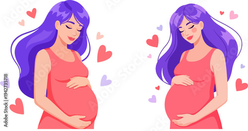 Two happy pregnant women with long purple hair holding their belly, surrounded by pink hearts vector
