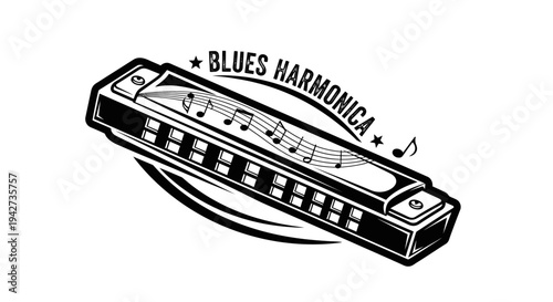 Blues Harmonica Musical Instrument Illustration.