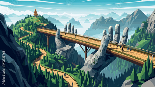 Stunning mountain golden bridge with hand sculptures in a vector flat design