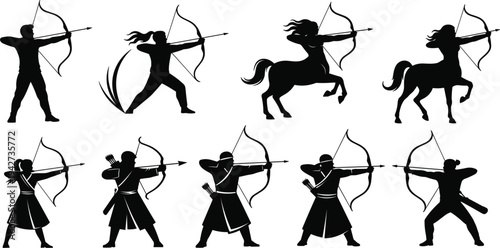 Archery Silhouette Collection with Male Female and Centaur Archers Holding Bows and Arrows in Dynamic Shooting Poses Black Vector Set