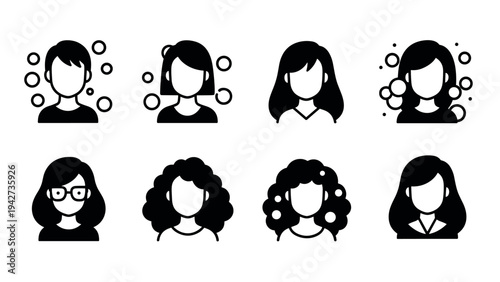 Set of eight female silhouette icons with various hairstyles and minimalist design