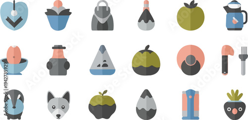 Assorted flat icon graphics with nature and objects
