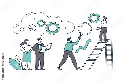 Professional business team managing time and tasks with gears,
Professional Human Resources Illustration.
clock, calendar, and checklist. 
Concept of effective planning, productivity, 
Efficiency at w