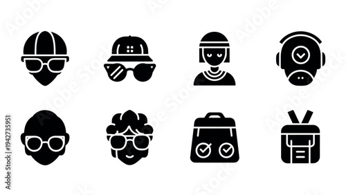 Modern silhouette icons of diverse people and accessories in black and white