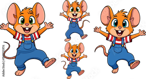 Happy Cartoon Mouse Character Set in Blue Overalls and Striped Shirt Vector Illustration