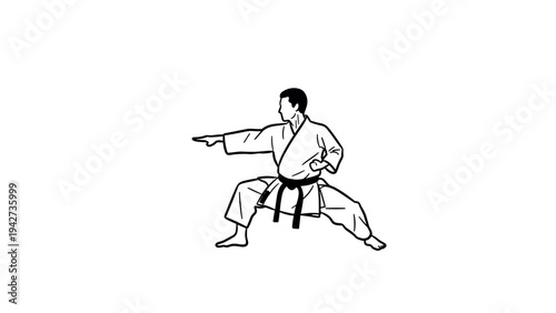 Karate practitioner in combat stance black and white silhouette illustration