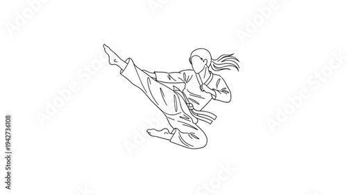 Dynamic martial artist kicking: minimalistic line art