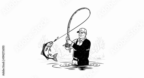 Angler reels in a jumping fish while standing in the water