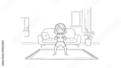 Child practicing yoga at home: cozy living room scene in linear art style