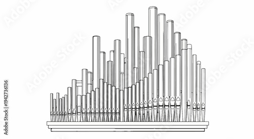 An artistic sketch of a large pipe organ with numerous pipes of varying heights