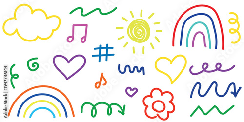 Vibrant hand drawn doodle elements featuring sun cloud heart rainbow music and abstract shapes