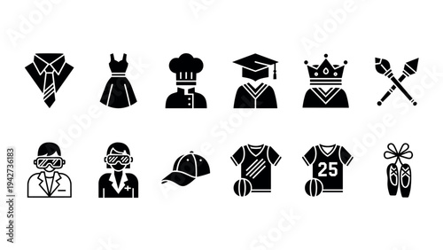 Career outfit icons set: formal, chef, graduate, royalty, music, sports, science, healthcare