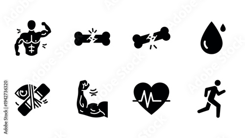 Fitness and health icons set featuring muscles, bones, heartbeat, and running in bold black silhouette