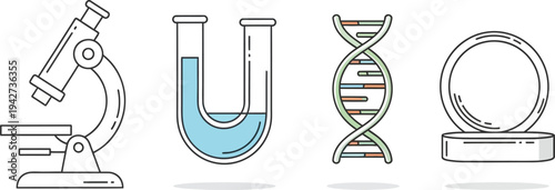 Laboratory Science Icon Set with Microscope DNA Helix and Test Tube