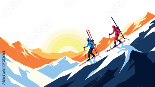 Colorful adventure: two skiers ascending snowy mountain with stunning sunrise background