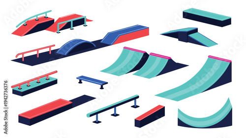 Colorful skate park elements in isometric design for modern urban spaces