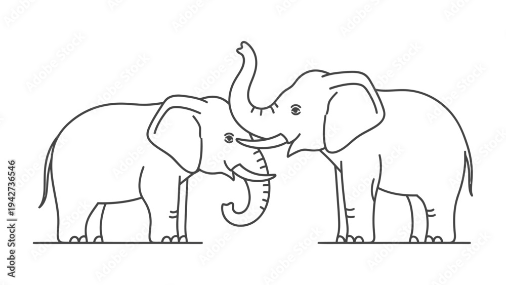 Fototapeta premium Two Elephants Touching Trunks: A stylized, black and white line drawing depicting two elephants touching trunks, symbolizing connection and harmony in a simplified, artistic representation.
