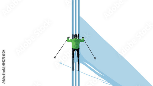 Minimalist skier silhouette on snowy path with shadow in motion
