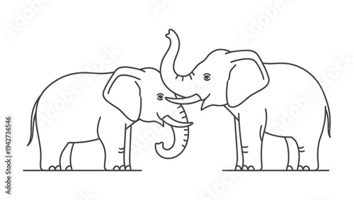Two Elephants Touching Trunks: A stylized, black and white line drawing depicting two elephants touching trunks, symbolizing connection and harmony in a simplified, artistic representation.