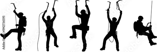 Black ice climber silhouette collection with mountaineering gear, flat vector icons for extreme winter climbing, mountain adventure and outdoor sports.