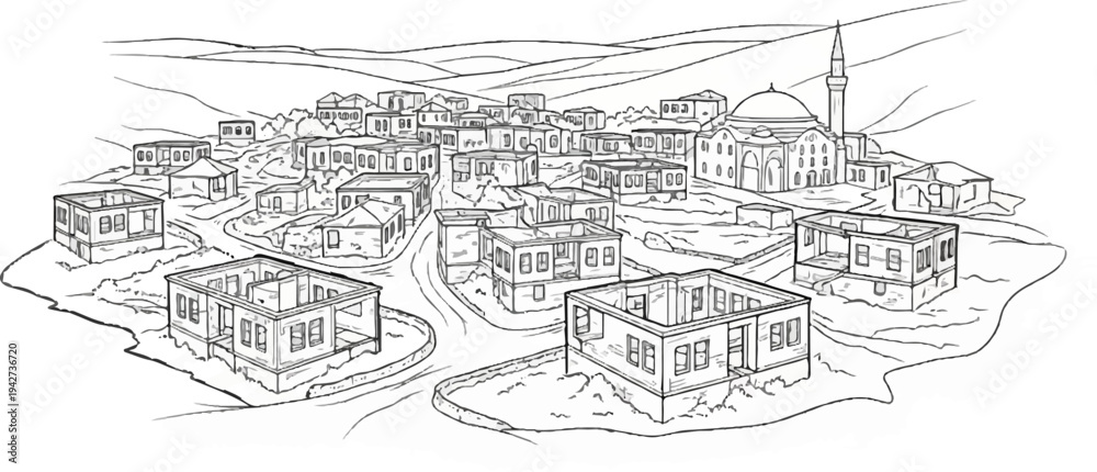 Obraz premium An aerial sketch of a hillside town with traditional houses and a domed mosque