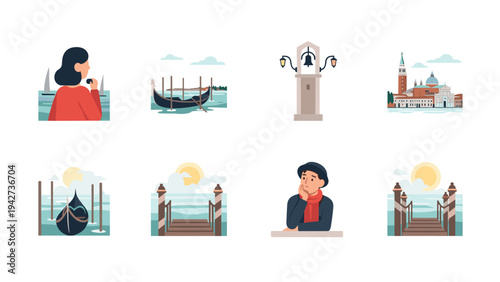 Venice travel icons: flat designs of gondolas, landmarks, and scenic views