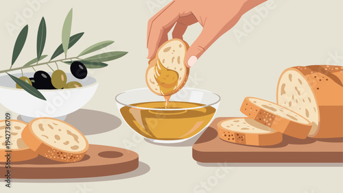 Enjoying fresh bread with olive oil and olives in a modern kitchen setting