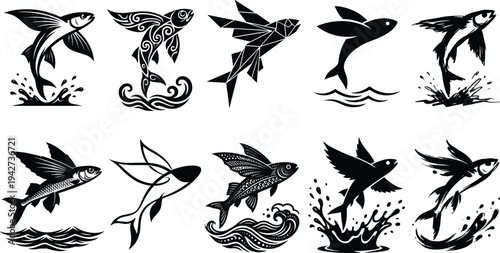 Flying fish jumping from ocean water silhouette vector collection featuring marine wildlife illustrations in tribal, geometric and sketch styles isolated for logo design