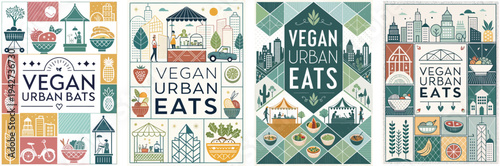 Colorful vegan-themed illustration showcasing urban food culture.