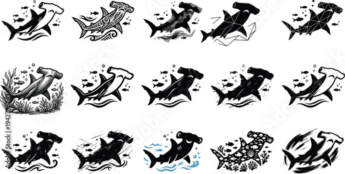 Hammerhead shark vector silhouette collection featuring stylized ocean predator illustrations, tribal, geometric and sketch marine wildlife designs with fish and bubbles isolated on white