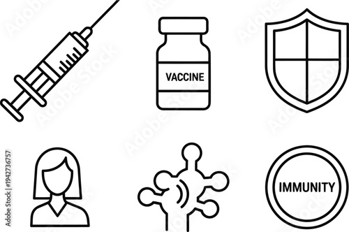 Vaccination and Medical Immunity Shield Icons for Healthcare Protection