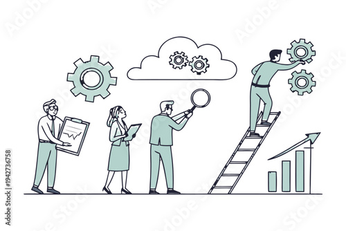 Professional business team managing time and tasks with gears,
Professional Human Resources Illustration.
clock, calendar, and checklist. 
Concept of effective planning, productivity, 
Efficiency at w