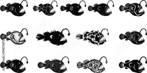 Anglerfish silhouette vector collection featuring deep sea predator designs, bioluminescent lure fish illustrations in geometric, tribal, and sketch styles isolated on white background
