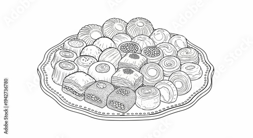 Assortment of assorted pastry confections and baklava on a decorative platter